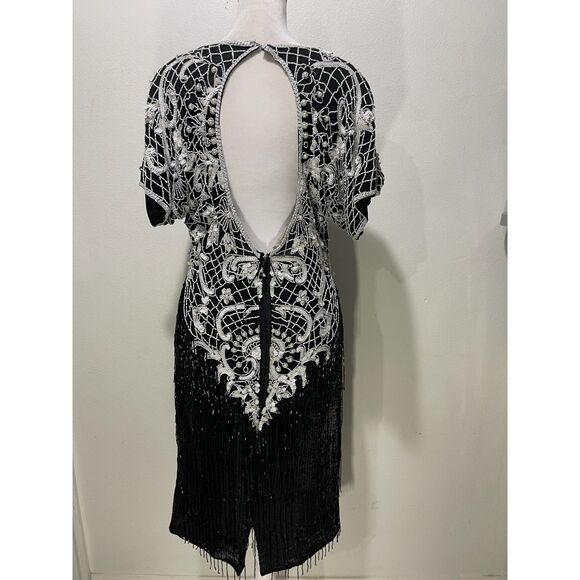 Aweelo maxi dress VTG beaded sequins fringed black white formal women 8-10 M - Picture 5 of 9